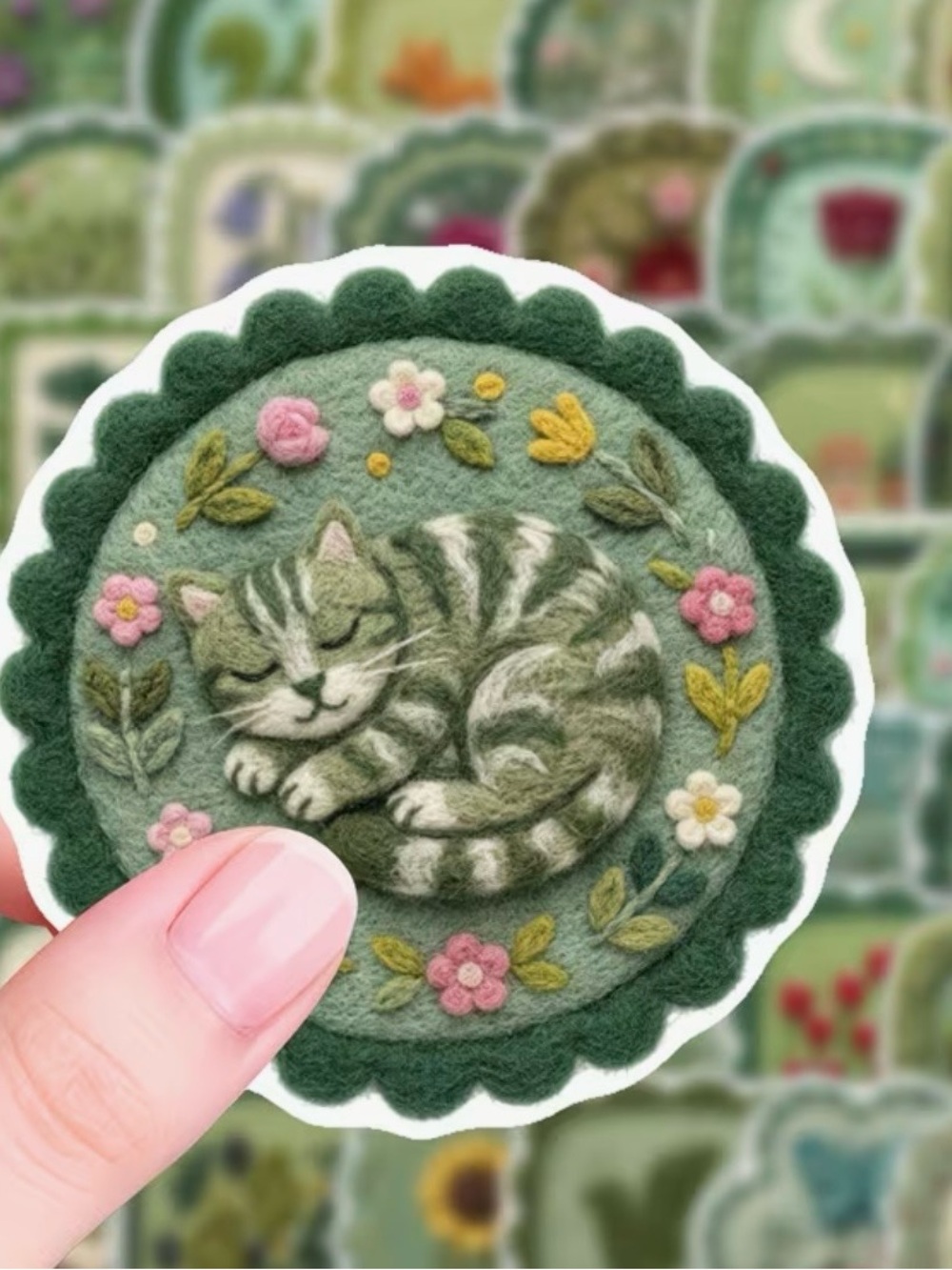 50 Green Felt Stickers Sleeping Animals Flowers Mushrooms Leaves Trees Scenery